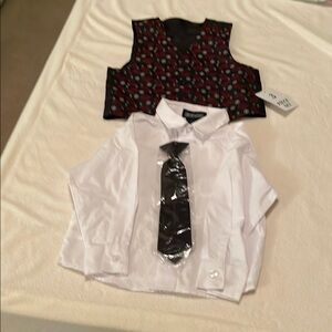 White Shirt with Black Tie and Red Patterned Vest for boys 4T